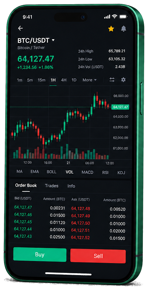 Interface mobile de trading Lornex Trade — cours BTC/USDT en direct, carnet d’ordres et outils de surveillance des opérations